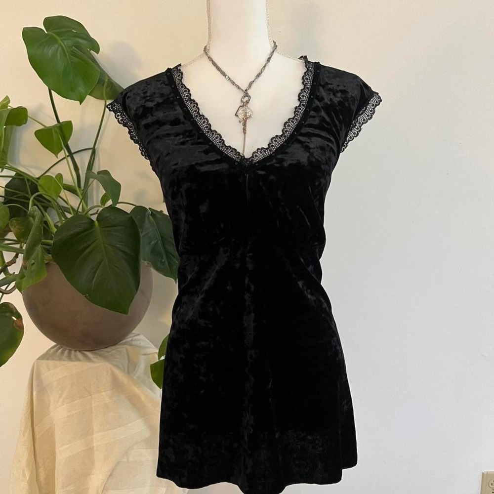 DKNY Black Velvet Lace Trim Tank with V-neckline Whimsygoth